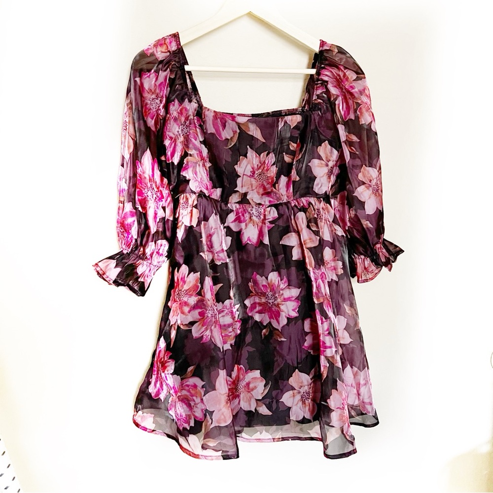 Pink and Black Floral Organza Babydoll Mini Dress